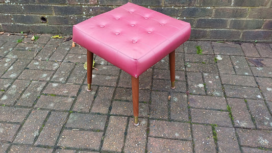 Retro Faux Leather Red Stool on Atomic Legs - red leatherette, buttoned, metal feet (40cm x 41cm x 40cm)- authentic retro