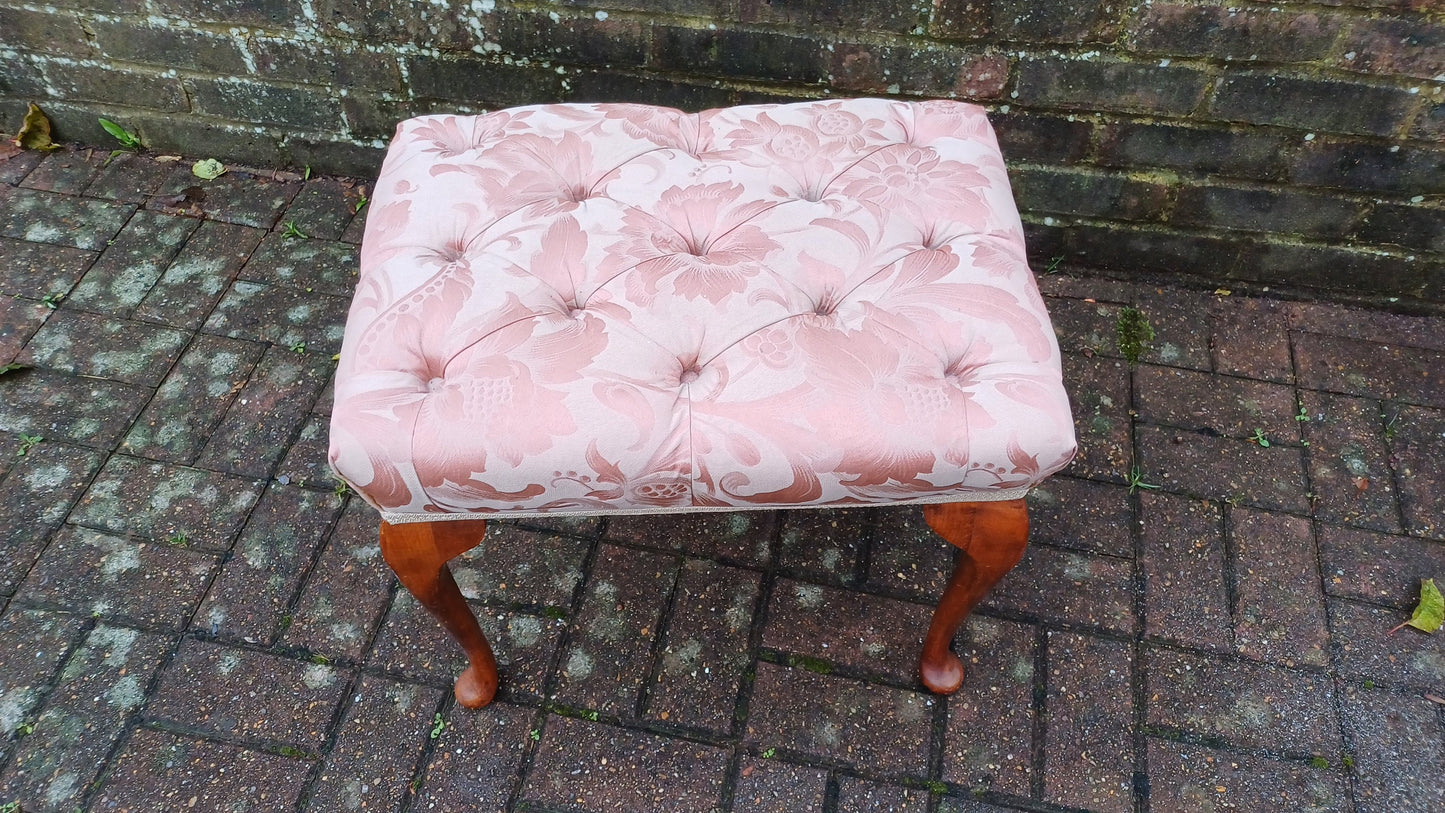 Vintage Upholstered Dressing Table or Piano Stoll Upholstered in Pink Fabric Cabriole Legs.