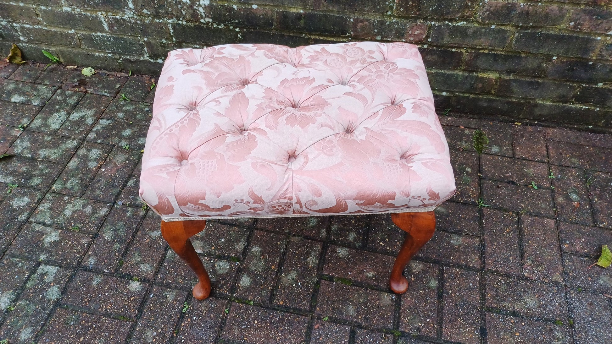 Vintage Upholstered Dressing Table or Piano Stoll Upholstered in Pink Fabric Cabriole Legs.