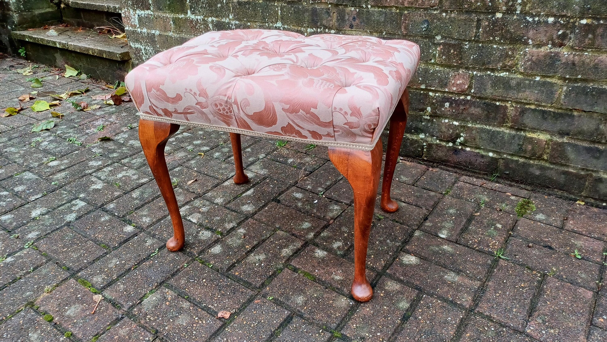 Vintage Upholstered Dressing Table or Piano Stoll Upholstered in Pink Fabric Cabriole Legs.