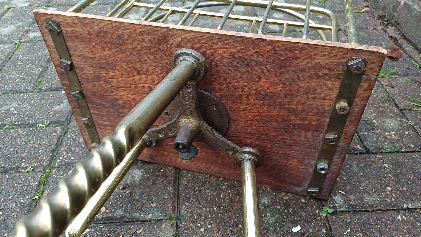 Superb Vintage Victorian Rotating Revolving Brass and Oak Magazine Rack