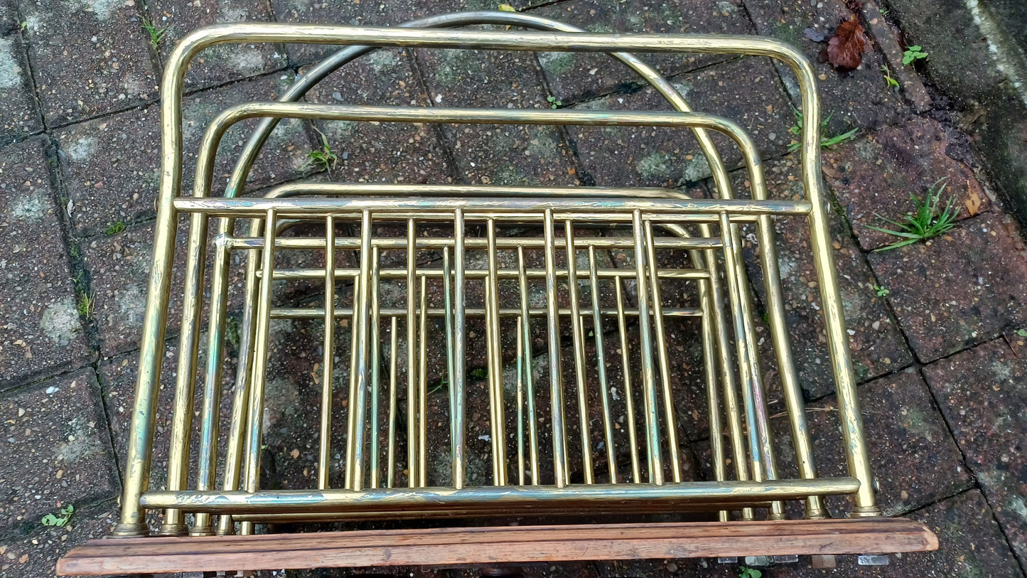 Superb Vintage Victorian Rotating Revolving Brass and Oak Magazine Rack
