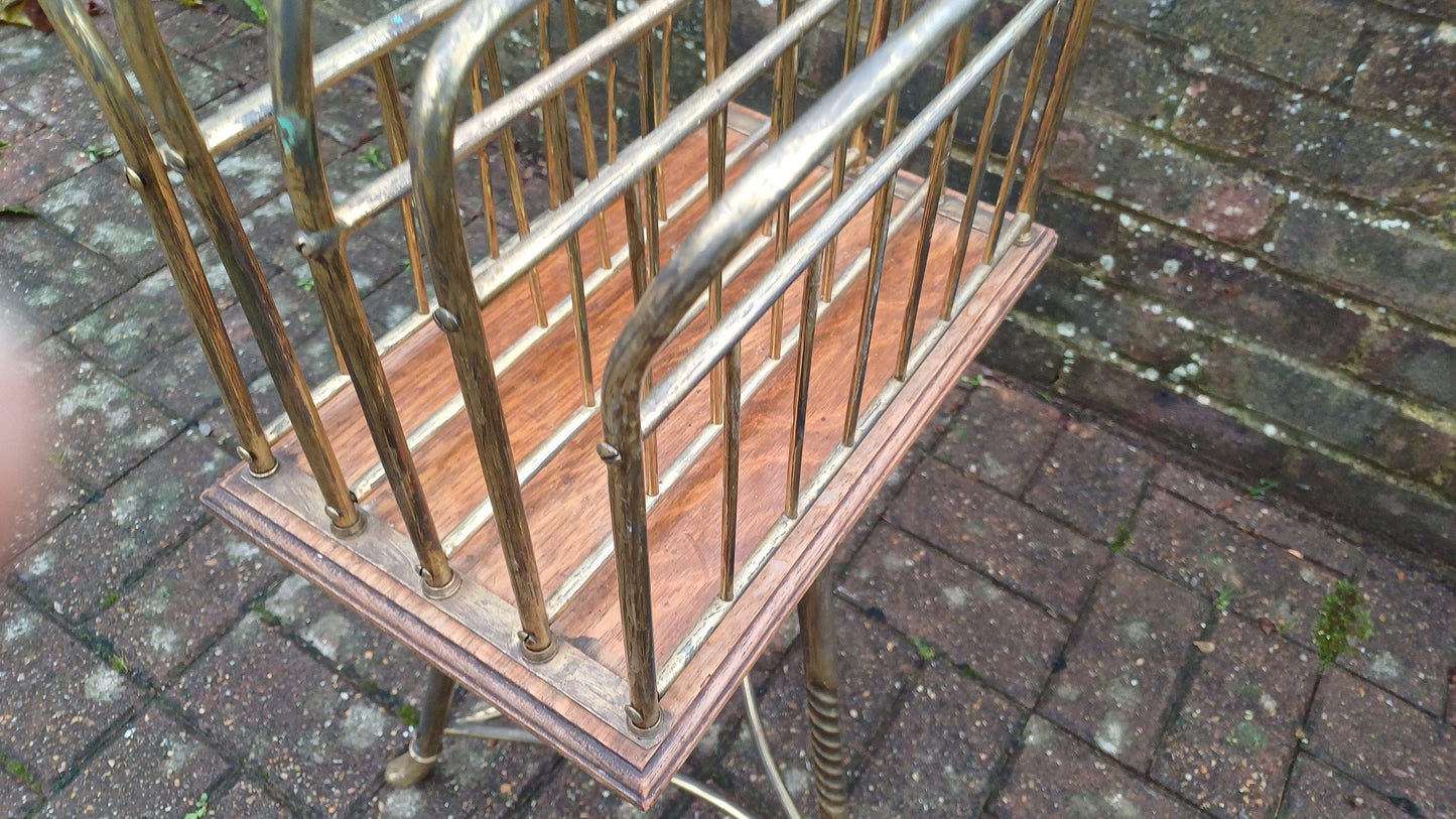Superb Vintage Victorian Rotating Revolving Brass and Oak Magazine Rack