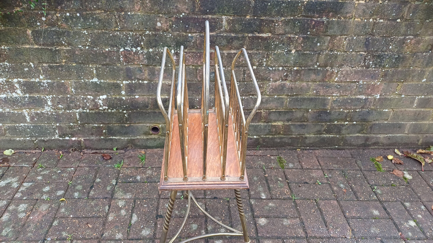 Superb Vintage Victorian Rotating Revolving Brass and Oak Magazine Rack