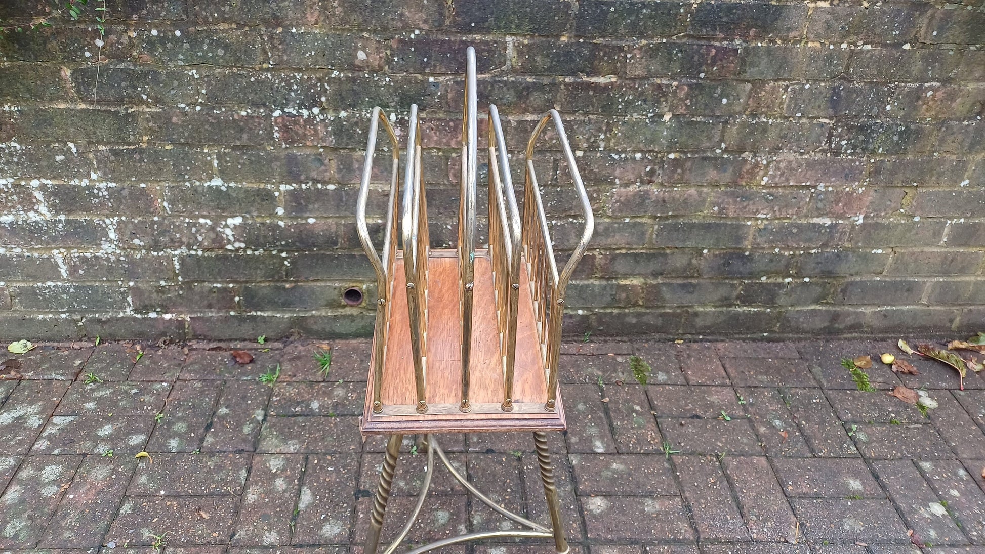 Superb Vintage Victorian Rotating Revolving Brass and Oak Magazine Rack