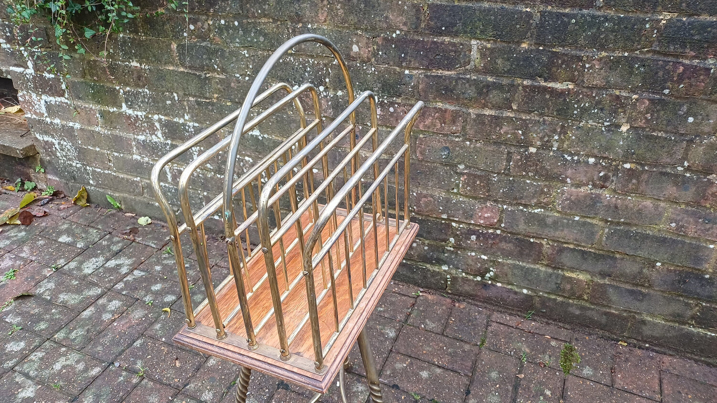 Superb Vintage Victorian Rotating Revolving Brass and Oak Magazine Rack