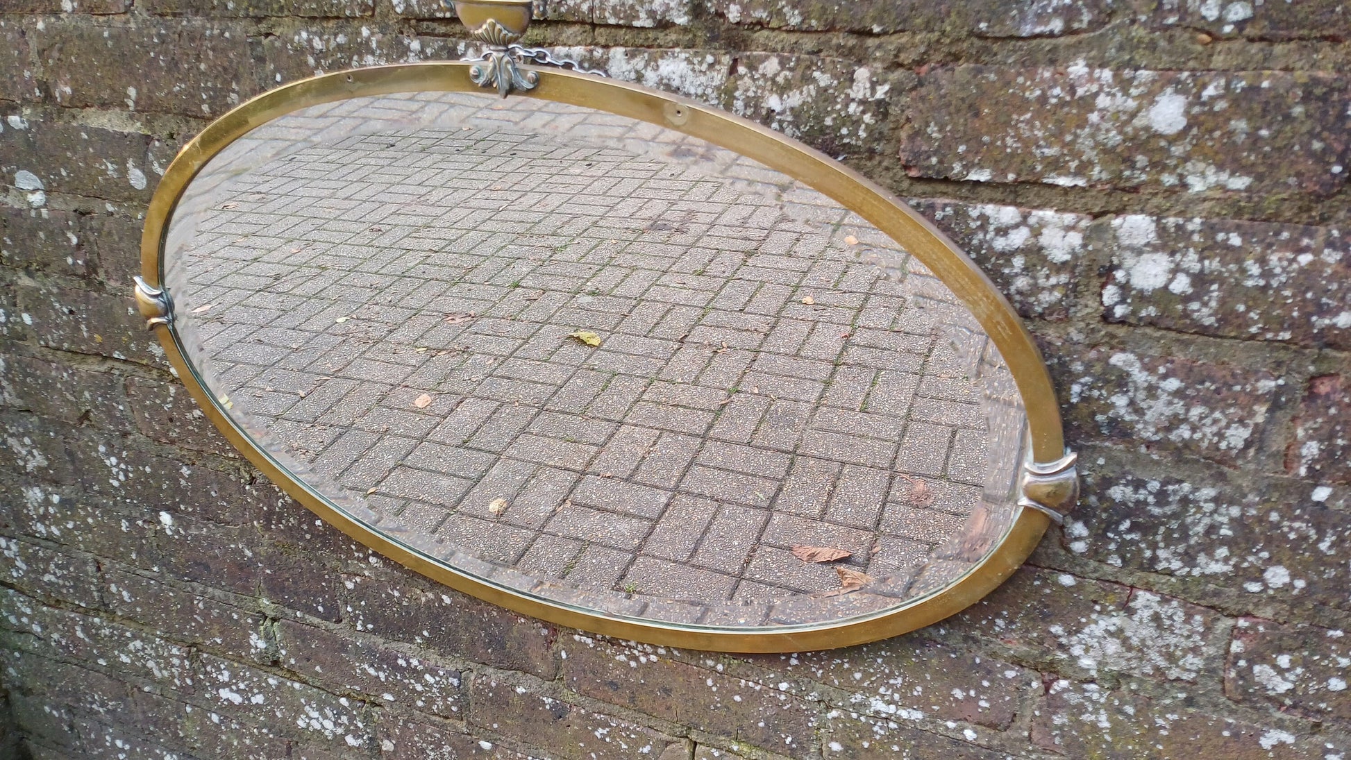Vintage Oval Brass Mirror Urn Motif Early 20th Century Bevelled.