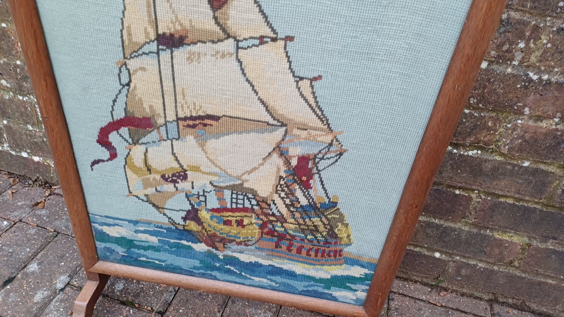 Vintage Tapestry Oak Fire Screen Galleon Glazed