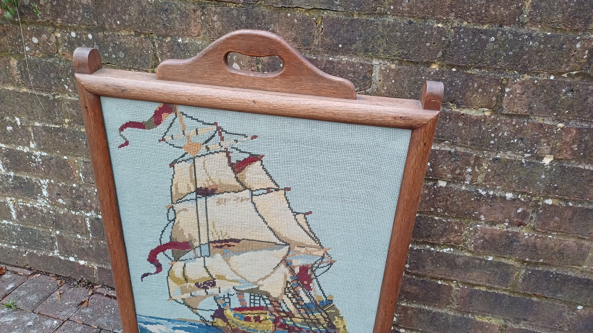 Vintage Tapestry Oak Fire Screen Galleon Glazed