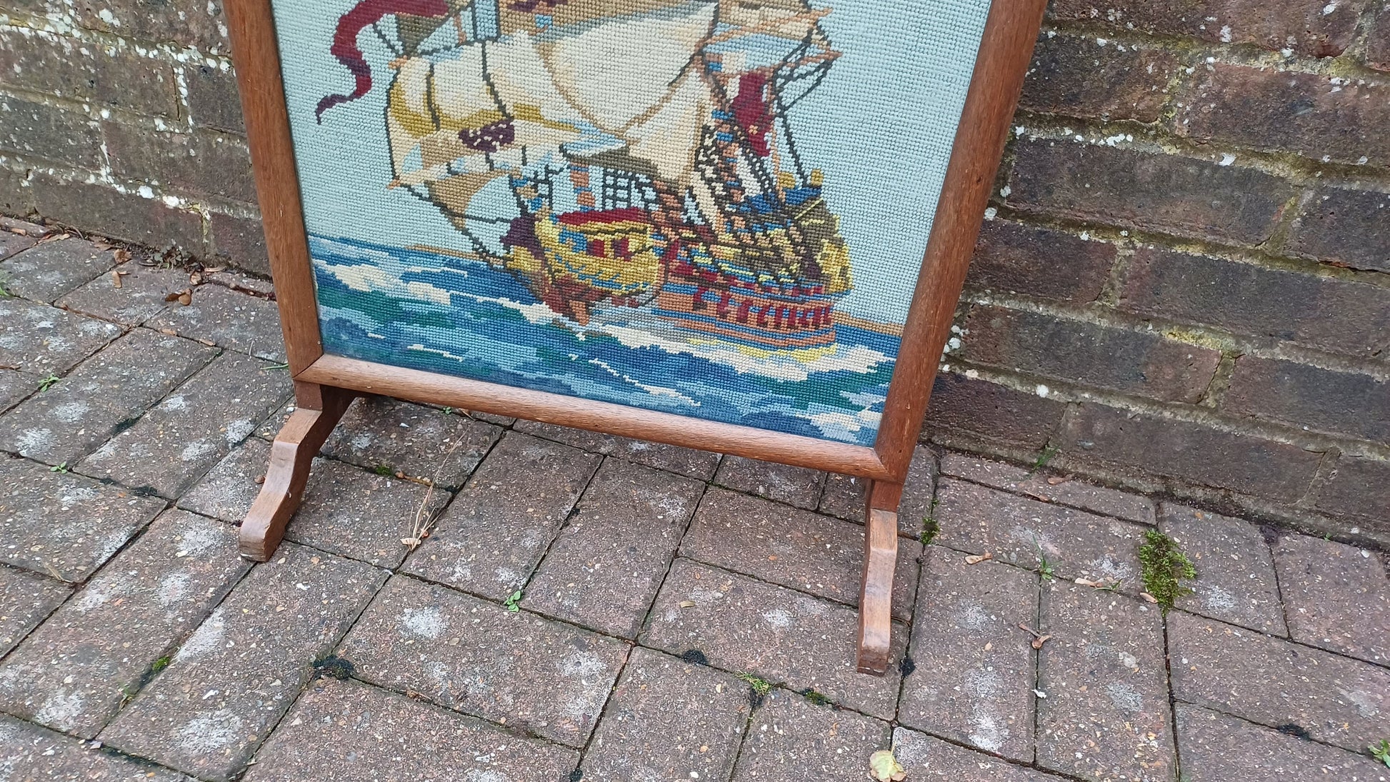 Vintage Tapestry Oak Fire Screen Galleon Glazed