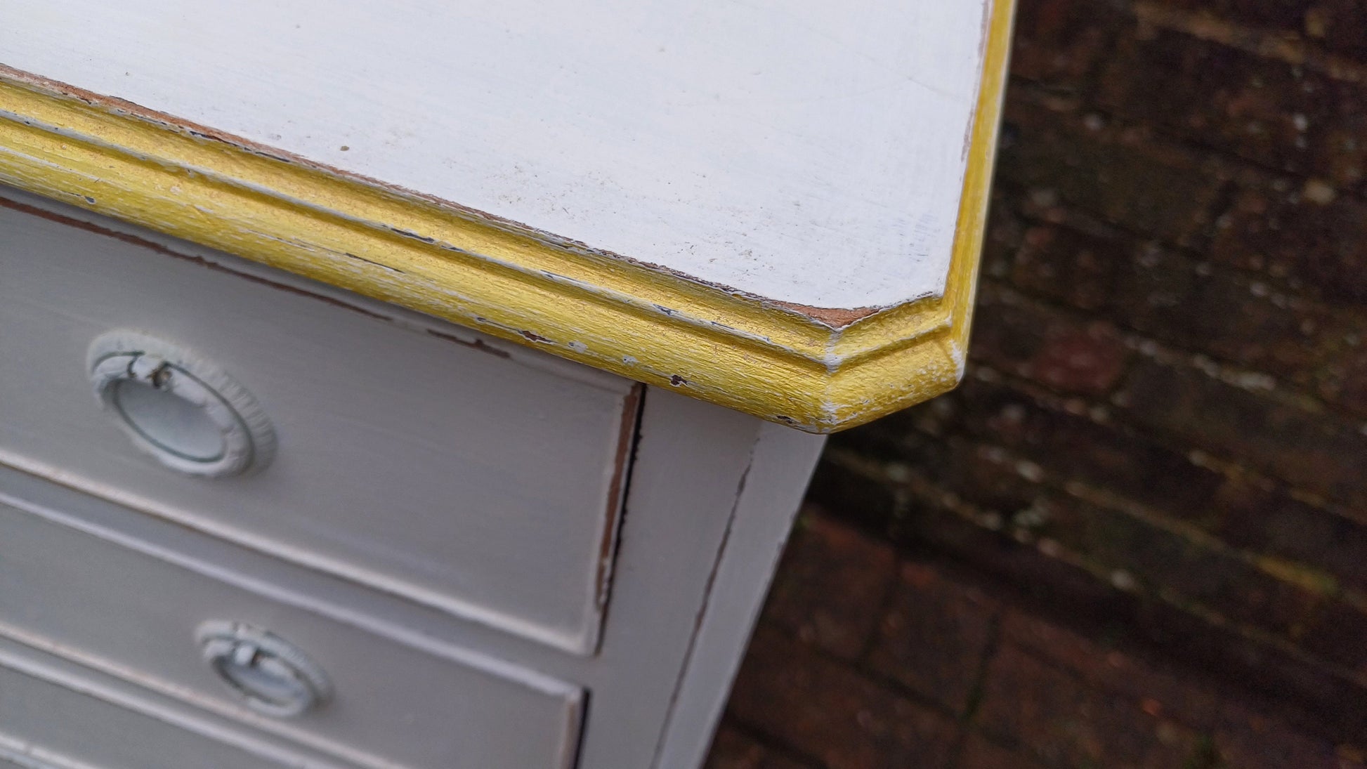 Vintage Painted Bedside or Occasional Chest of Drawers Table in Farrow and Ball White Gold Highlights.