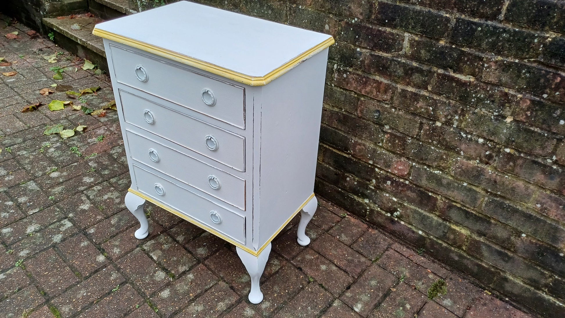Vintage Painted Bedside or Occasional Chest of Drawers Table in Farrow and Ball White Gold Highlights.