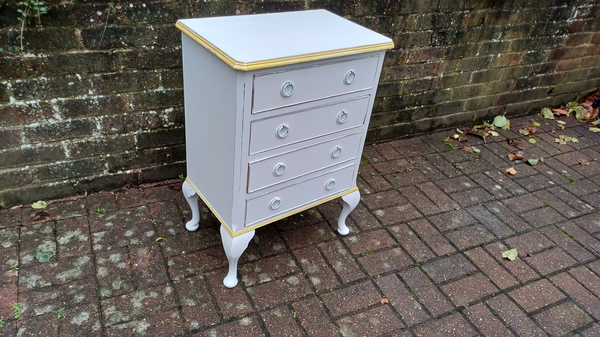 Vintage Painted Bedside or Occasional Chest of Drawers Table in Farrow and Ball White Gold Highlights.