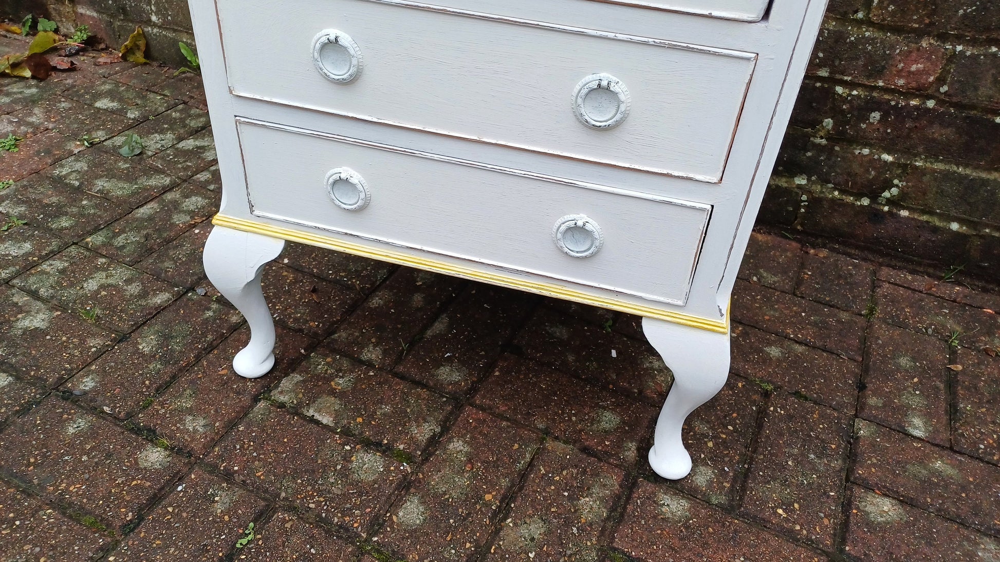Vintage Painted Bedside or Occasional Chest of Drawers Table in Farrow and Ball White Gold Highlights.