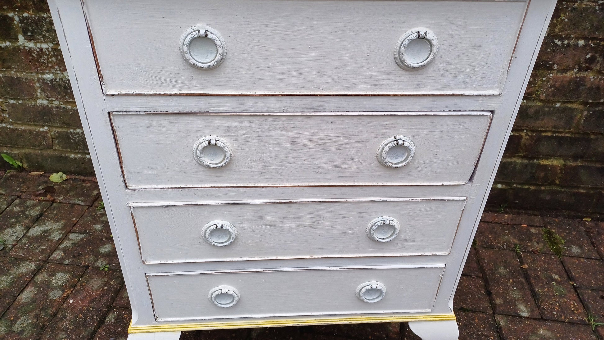 Vintage Painted Bedside or Occasional Chest of Drawers Table in Farrow and Ball White Gold Highlights.
