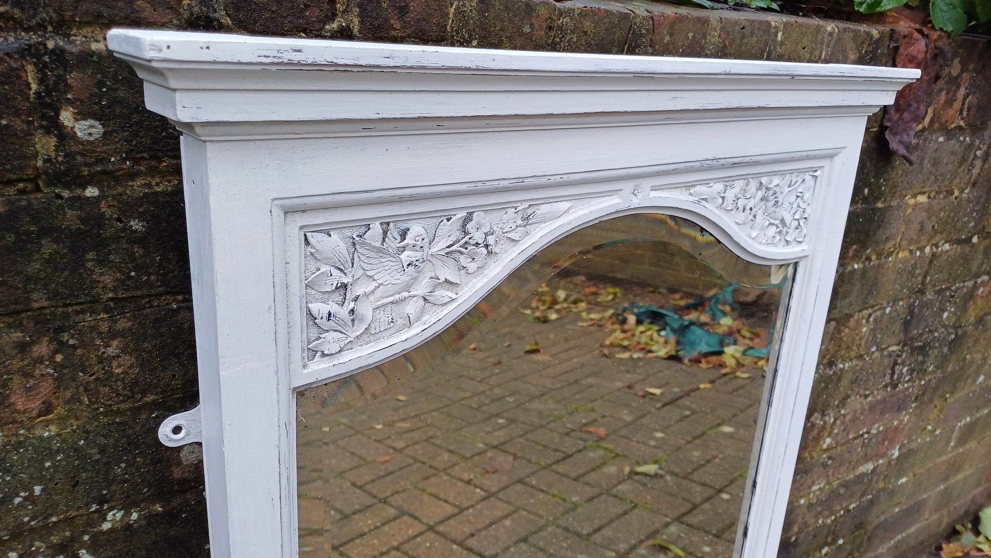 Charming Large Vintage Painted Shabby Chic Walnut Mirror Carved Bird Motif.
