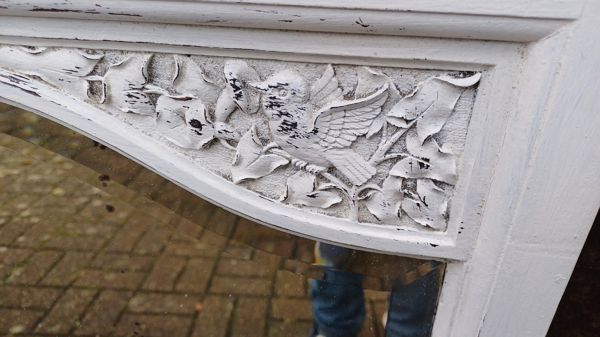 Charming Large Vintage Painted Shabby Chic Walnut Mirror Carved Bird Motif.