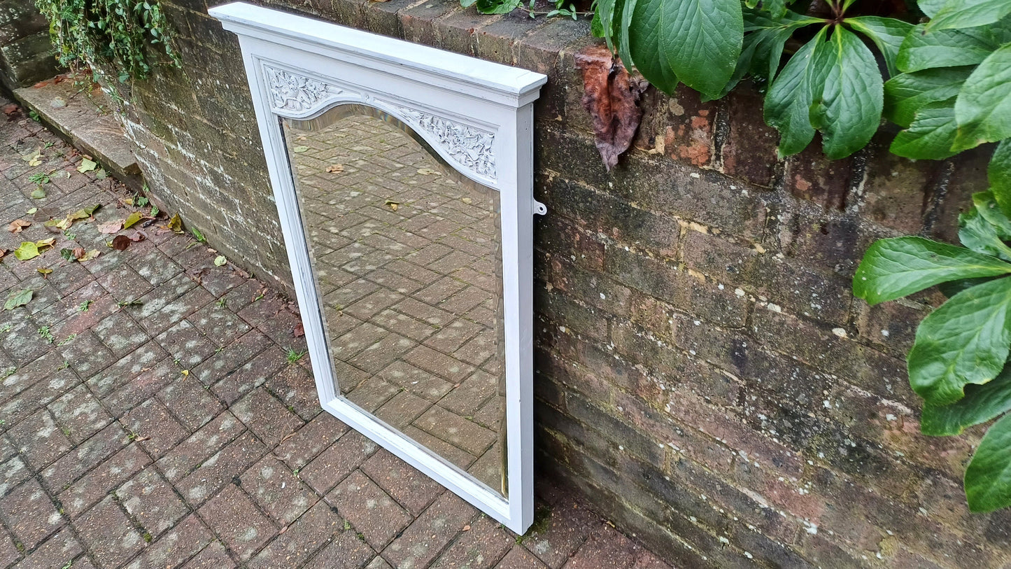 Charming Large Vintage Painted Shabby Chic Walnut Mirror Carved Bird Motif.