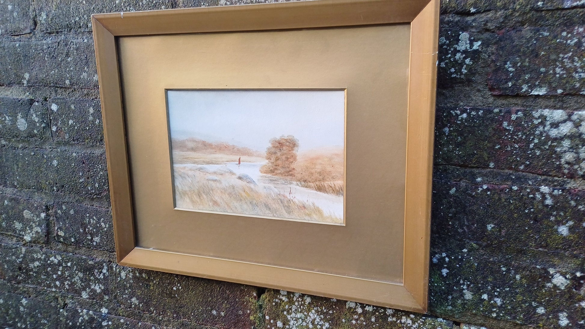 Original Landscape and Boat Serene Watercolour - Vintage - GLazed Framed (39cm x 32cm)