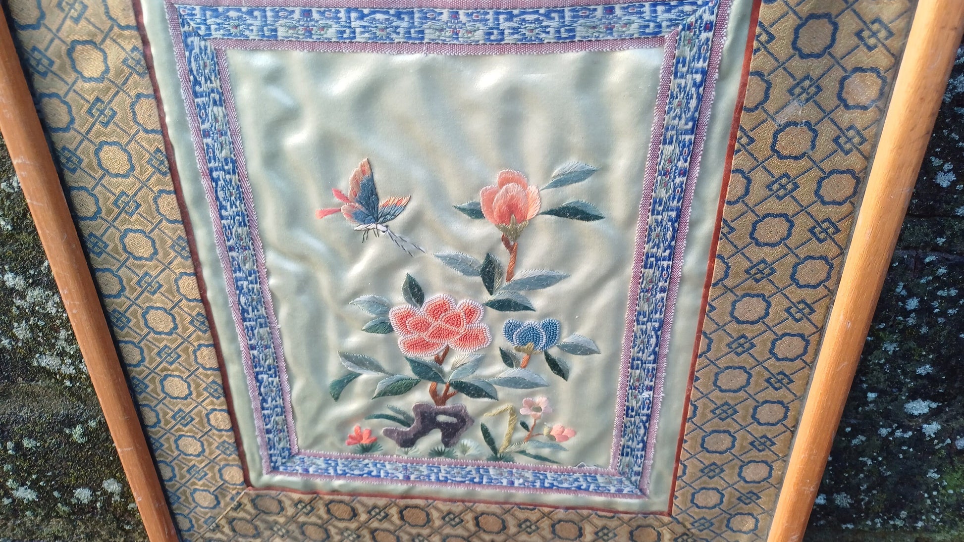 Authentic vintage oriental needlework (exquisitely executed!) of flowers, butterfly on silk fabric in wooden frame - 27cm x 32.5cm