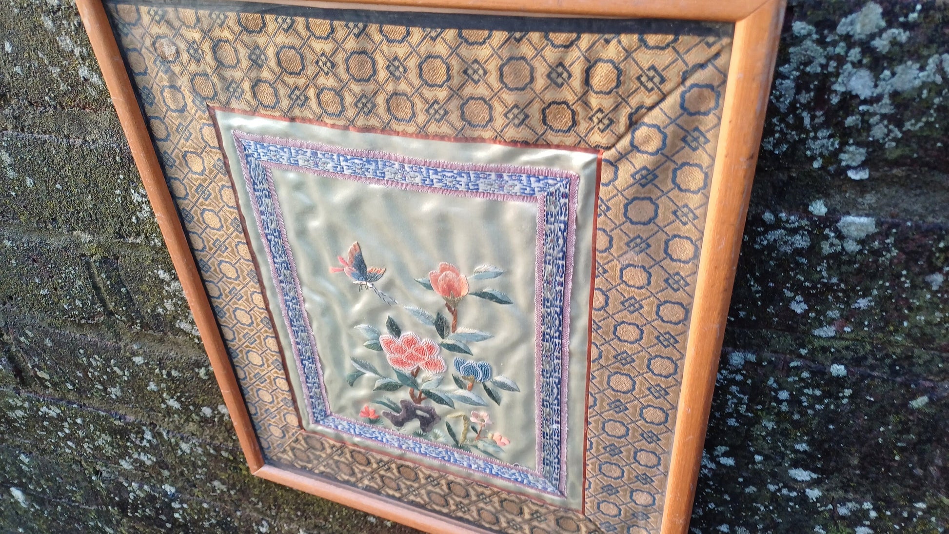 Authentic vintage oriental needlework (exquisitely executed!) of flowers, butterfly on silk fabric in wooden frame - 27cm x 32.5cm