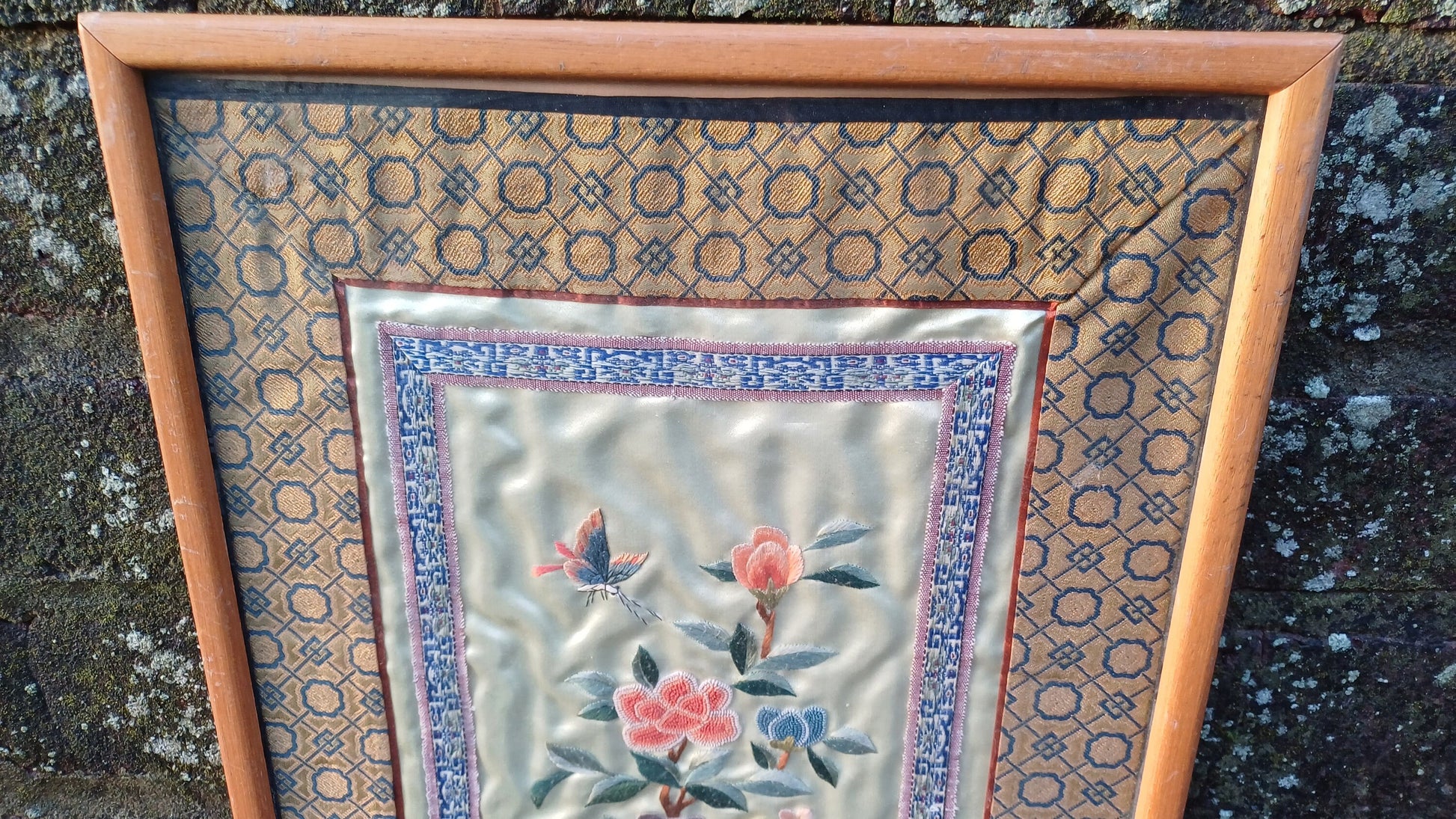 Authentic vintage oriental needlework (exquisitely executed!) of flowers, butterfly on silk fabric in wooden frame - 27cm x 32.5cm