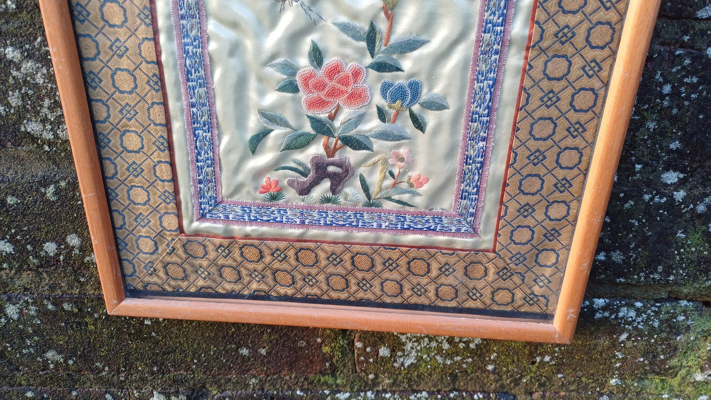Authentic vintage oriental needlework (exquisitely executed!) of flowers, butterfly on silk fabric in wooden frame - 27cm x 32.5cm