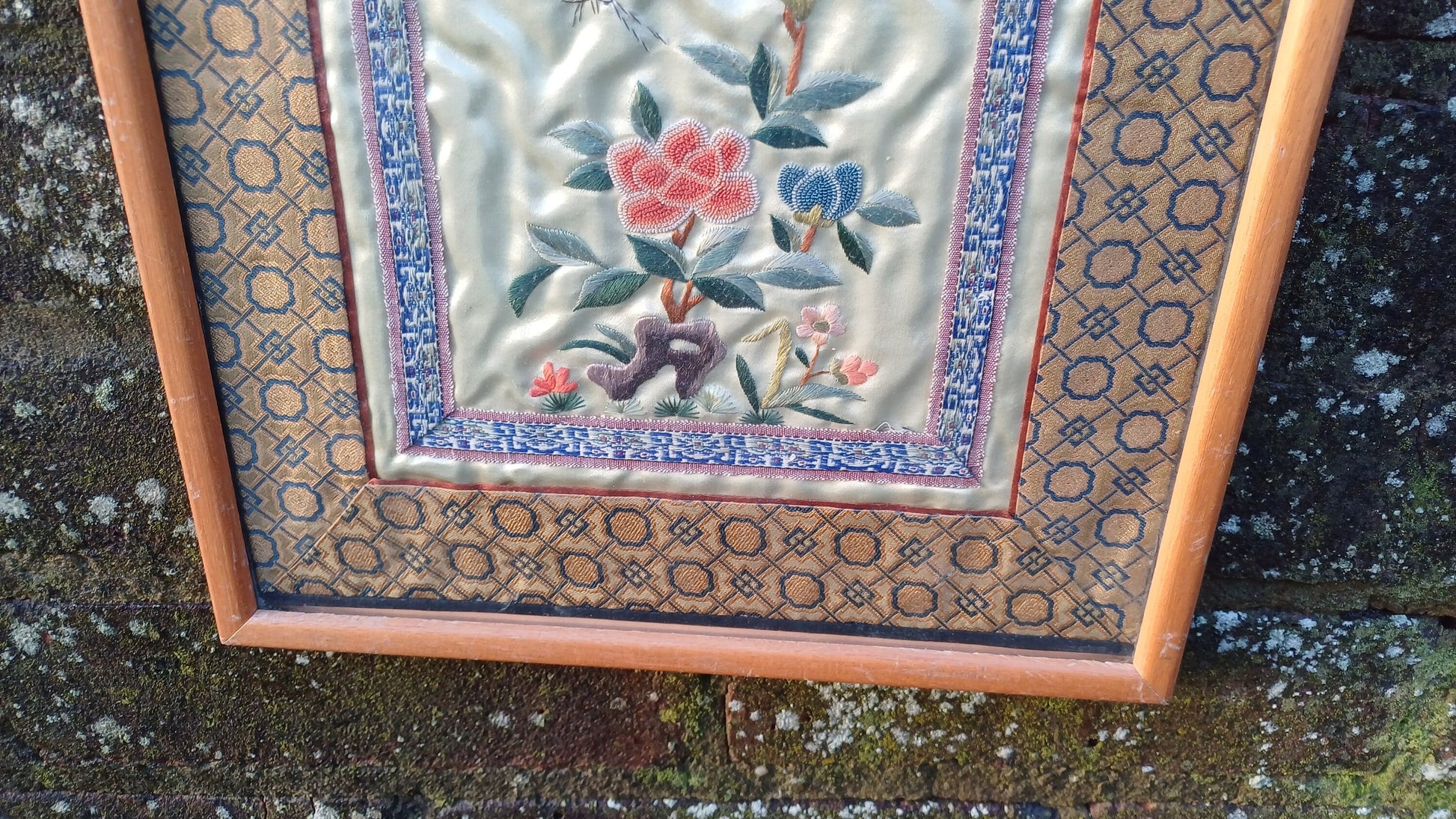 Authentic vintage oriental needlework (exquisitely executed!) of flowers, butterfly on silk fabric in wooden frame - 27cm x 32.5cm