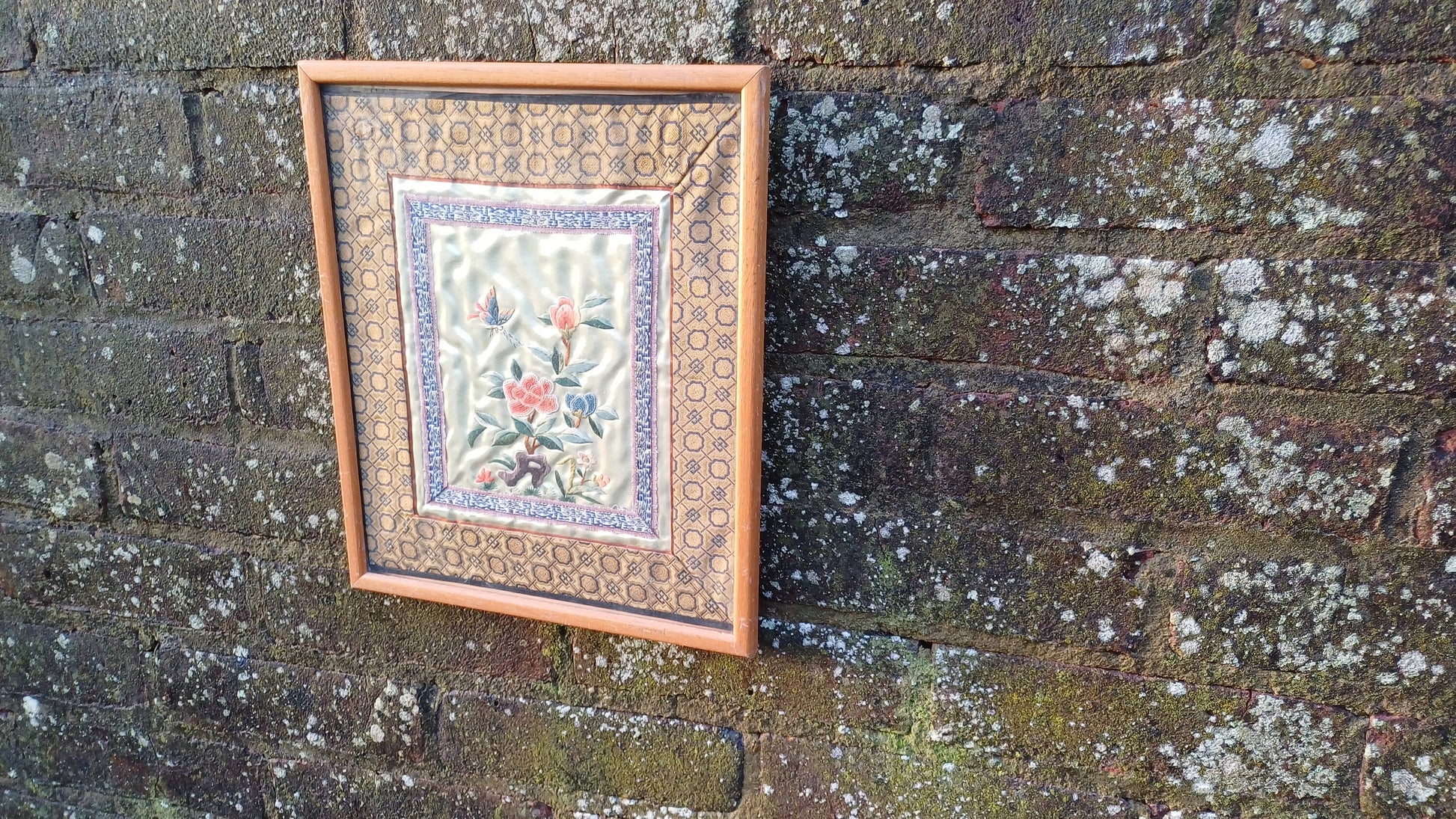 Authentic vintage oriental needlework (exquisitely executed!) of flowers, butterfly on silk fabric in wooden frame - 27cm x 32.5cm