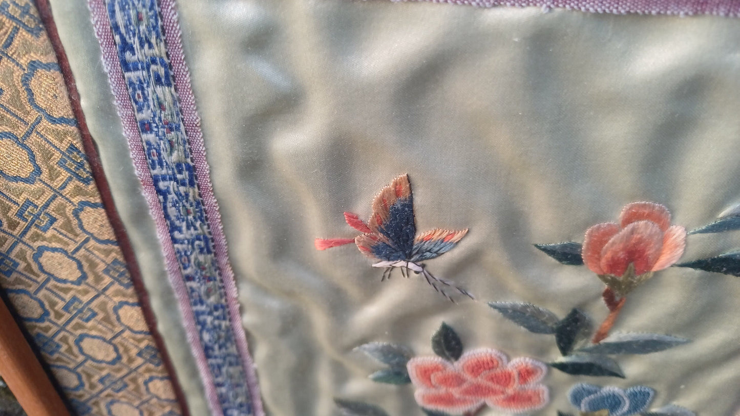 Authentic vintage oriental needlework (exquisitely executed!) of flowers, butterfly on silk fabric in wooden frame - 27cm x 32.5cm