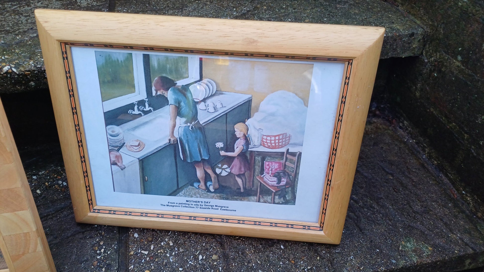 3 good sized photo picture frames made from pine - glazed, two matching, 3rd interesting finish & print from George Musgrave "Mothers Day"