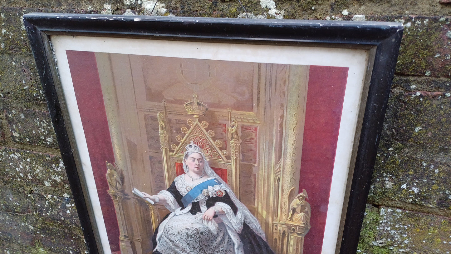 Antique Print of Queen Victoria Empress of India in original vintage black wooden frame ( T R Casselden)- large 40cm x 54cm