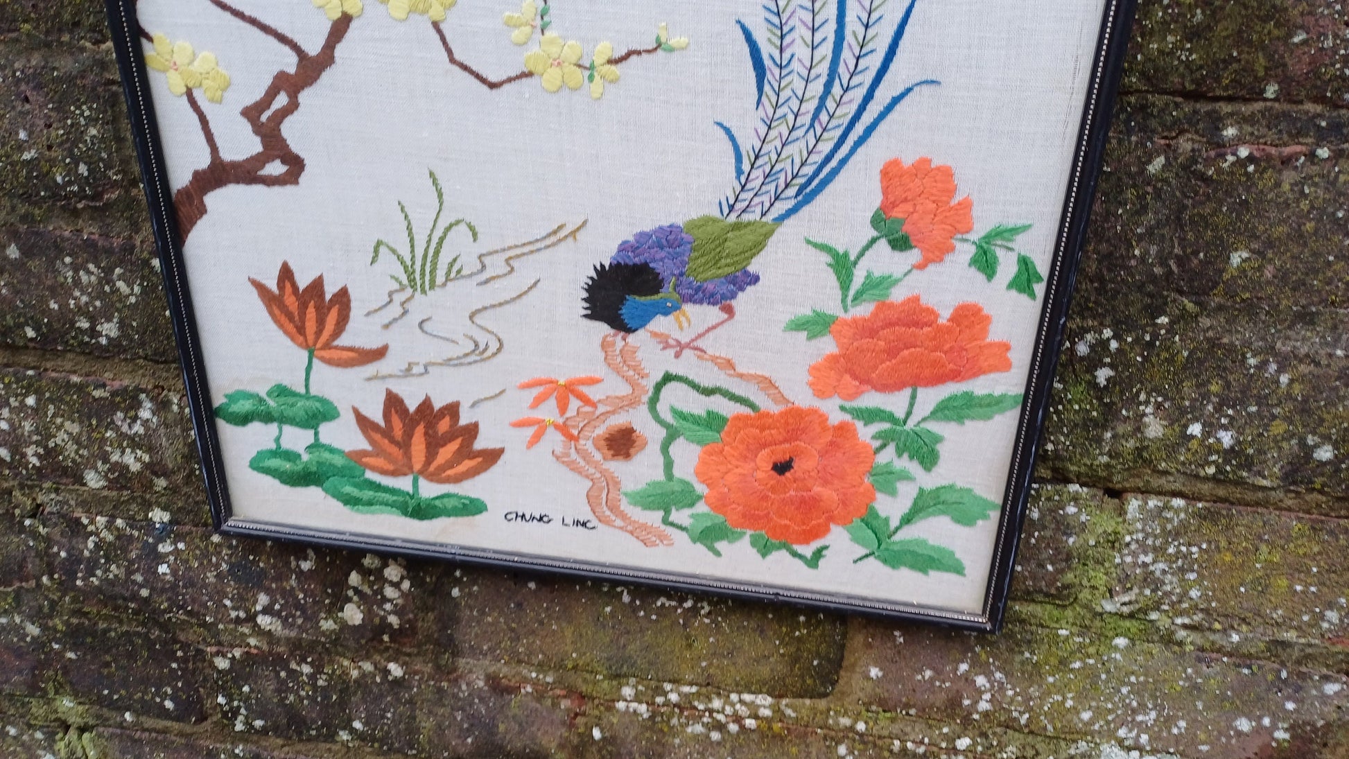 Vintage Chinese Oriental Needlework Embroidery Needlepoint of peacock, blossoms, butterflies and flowers - beautifully done (47cm x 38cm)
