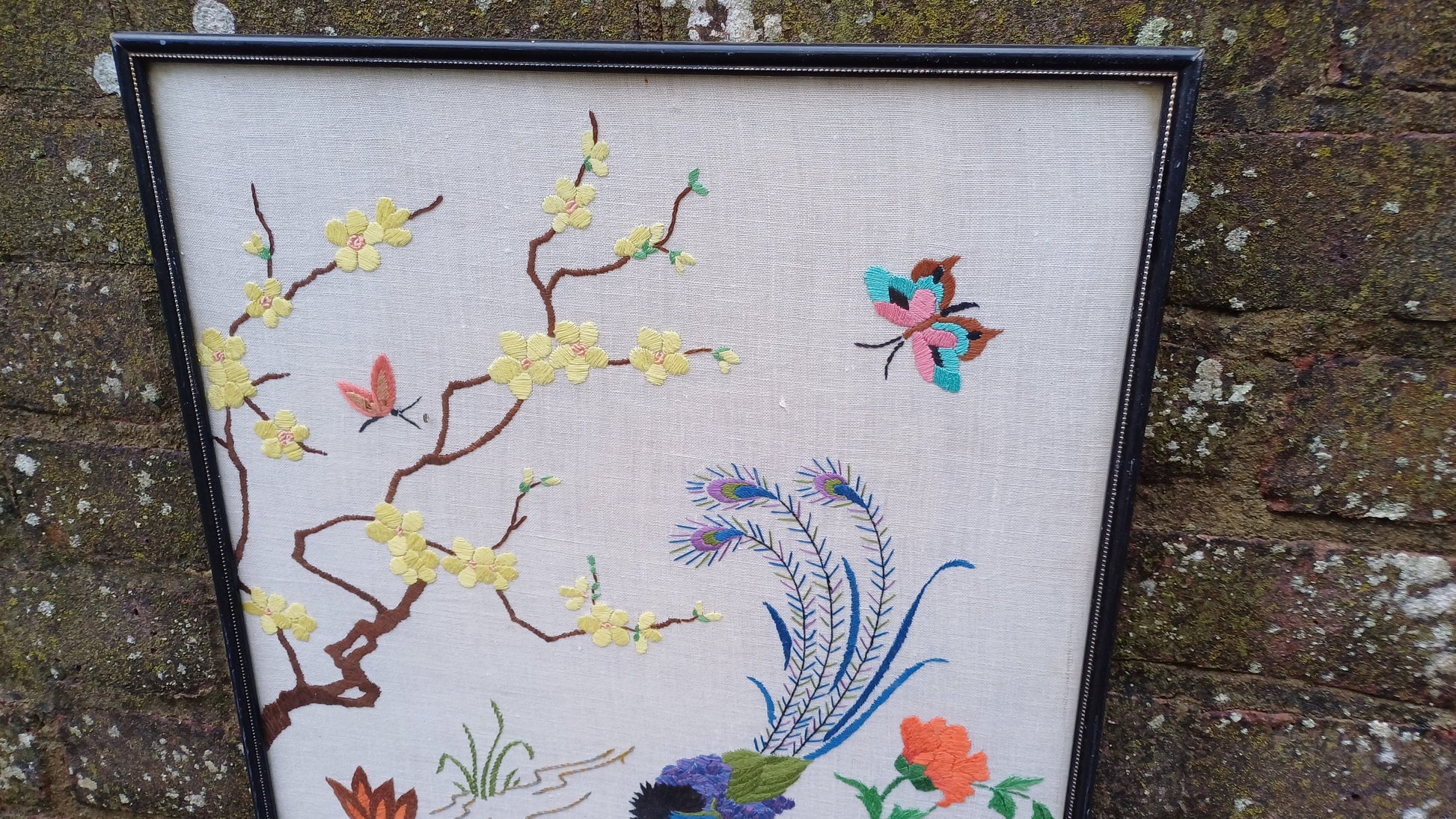 Vintage Chinese Oriental Needlework Embroidery Needlepoint of peacock, blossoms, butterflies and flowers - beautifully done (47cm x 38cm)