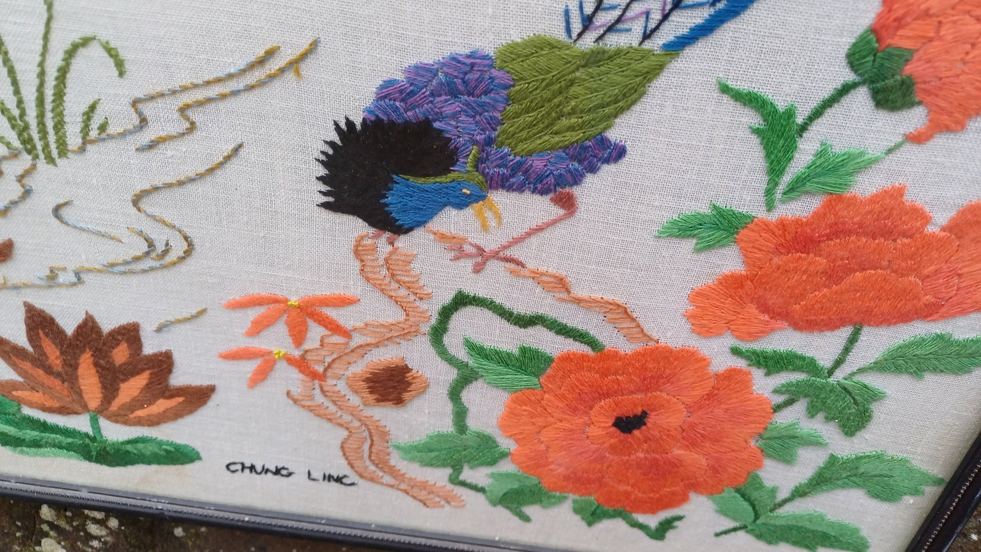 Vintage Chinese Oriental Needlework Embroidery Needlepoint of peacock, blossoms, butterflies and flowers - beautifully done (47cm x 38cm)