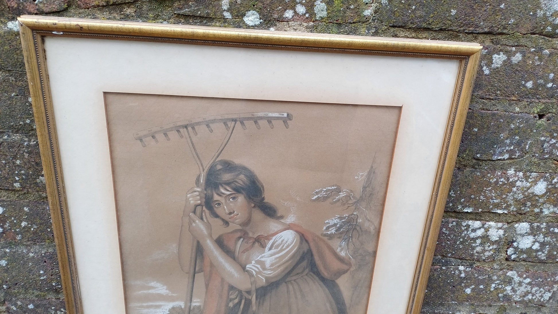 Large Vintage Hand Tinted Print Woman Gardening Jacob Thompson.