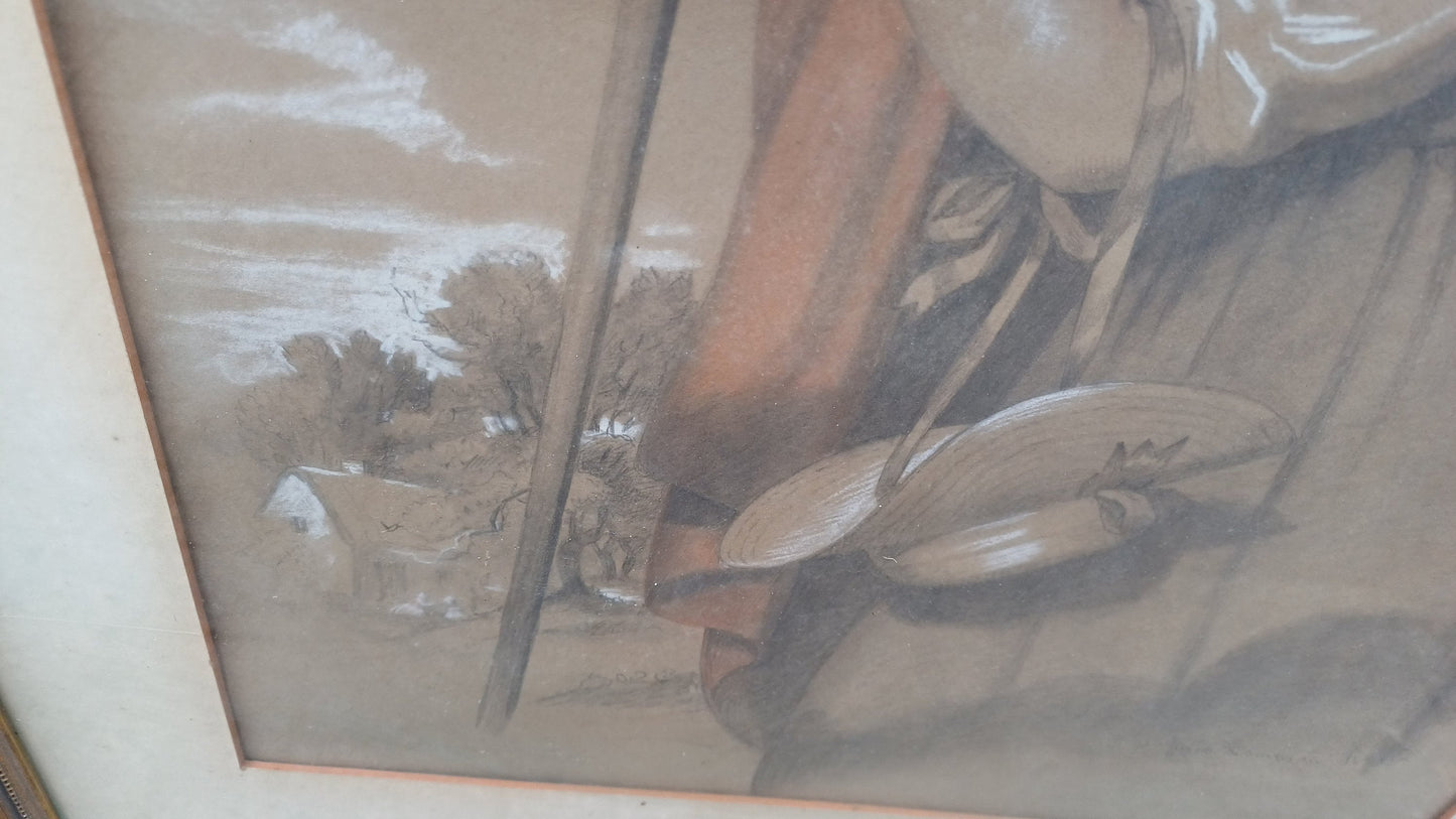 Large Vintage Hand Tinted Print Woman Gardening Jacob Thompson.