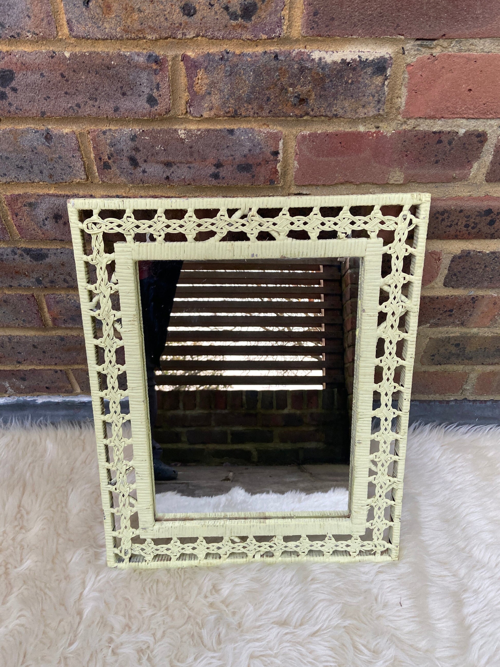 Authentic Painted Vintage Rattan Mirror - light yellow (43cm x 53cm)