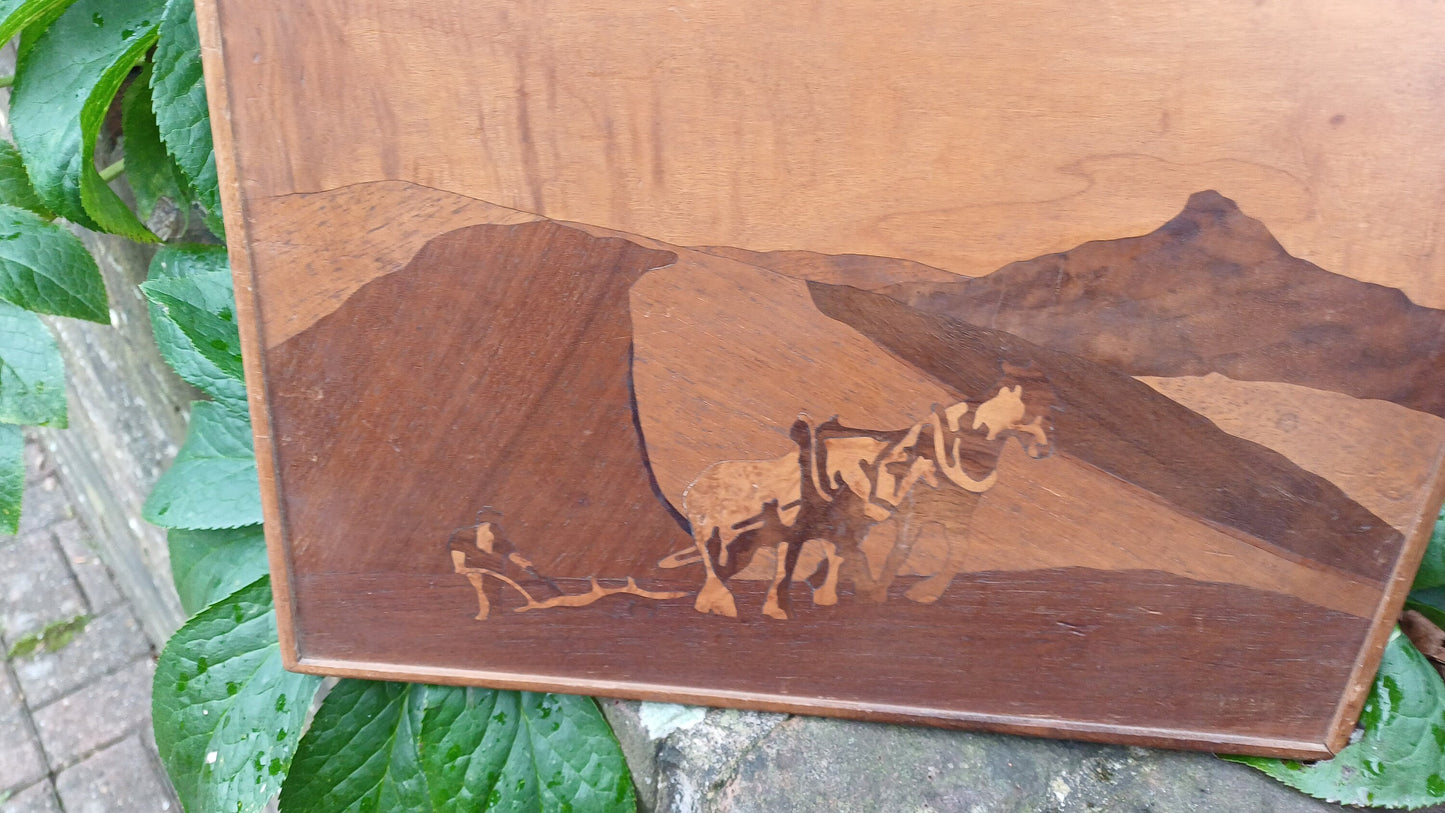 Marquetry Landscape - woodcraft - man and a plough - vintage - vgc (24cm x 31cm)