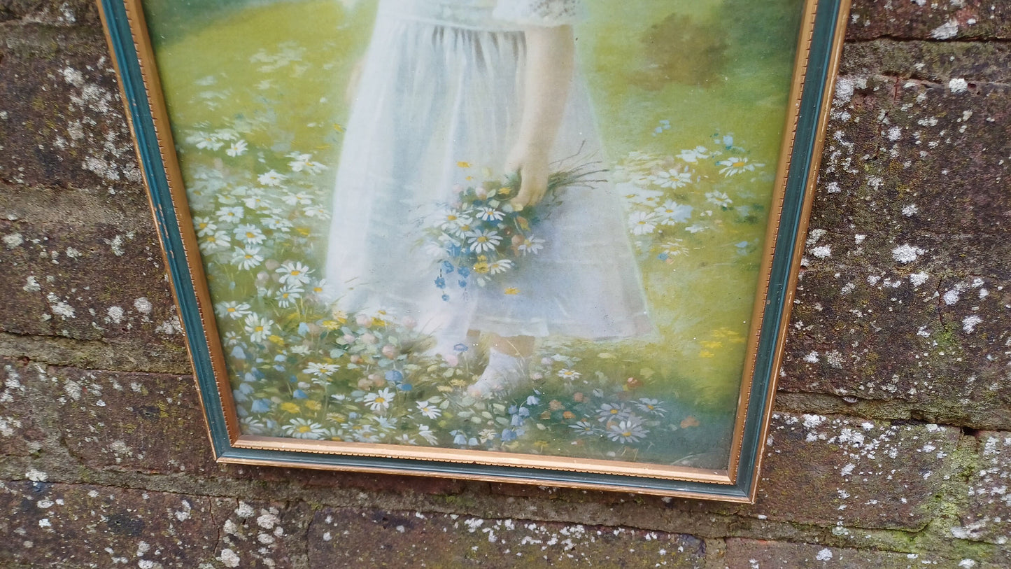 Summer Child in Meadow full of Daisies - print (Victorian) of girl in a bonnet in a meadow, child's bedroom, baby nursery - 26cm x 37cm