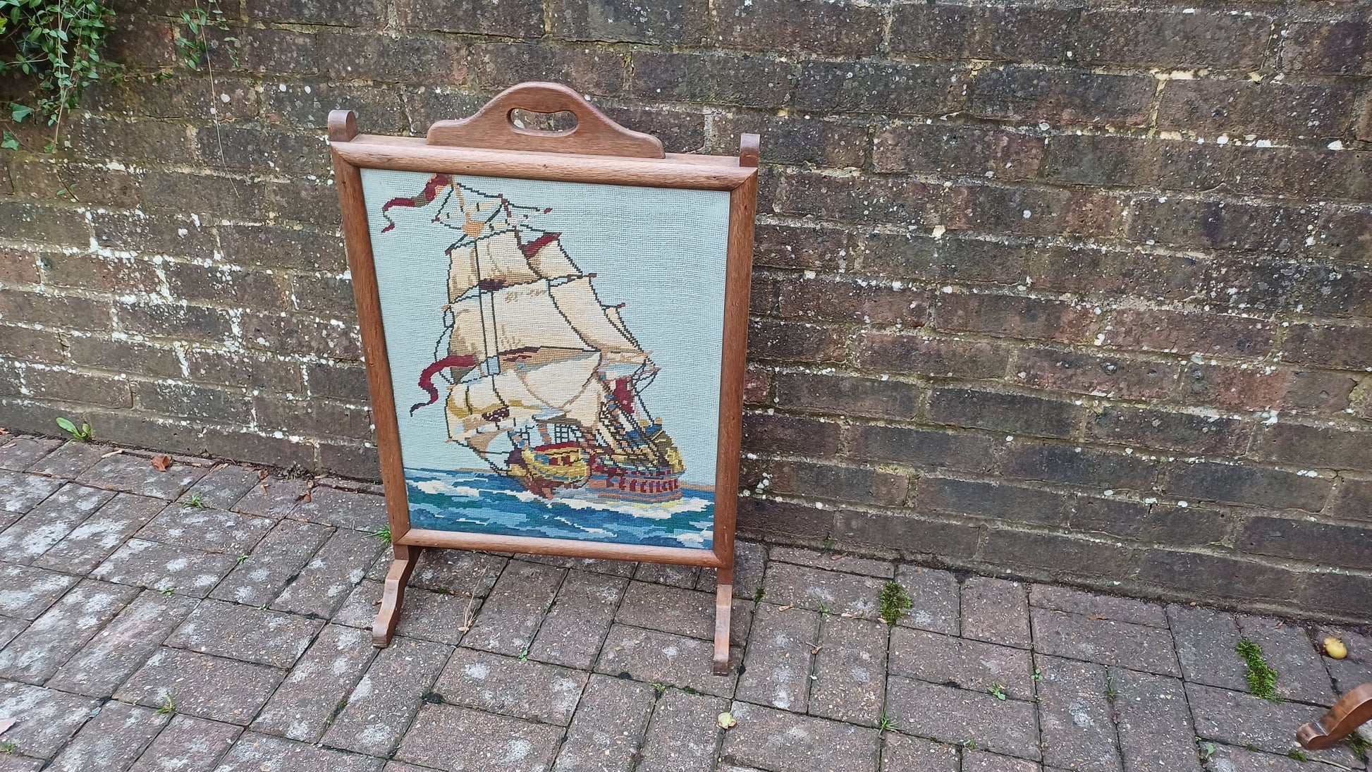 Vintage Tapestry Oak Fire Screen Galleon Glazed