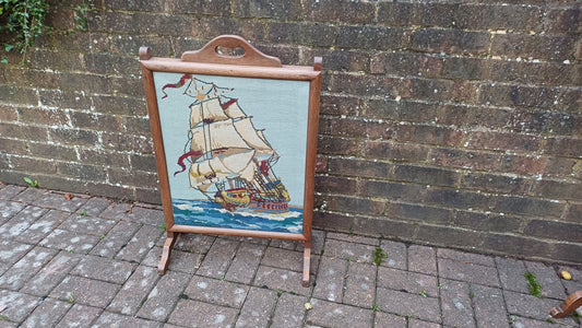 Vintage Tapestry Oak Fire Screen Galleon Glazed