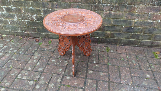 Superb Mid-Eastern Carved Coffee Occasional Table Brass Inlay Grape Decoration.