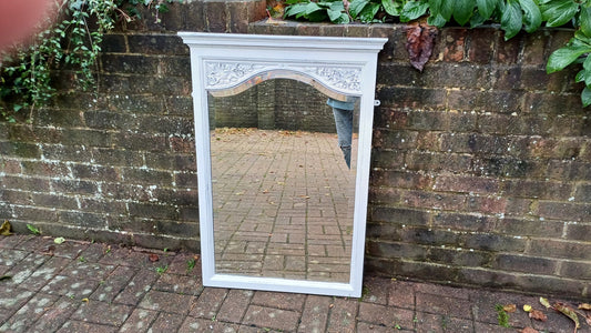 Charming Large Vintage Painted Shabby Chic Walnut Mirror Carved Bird Motif.