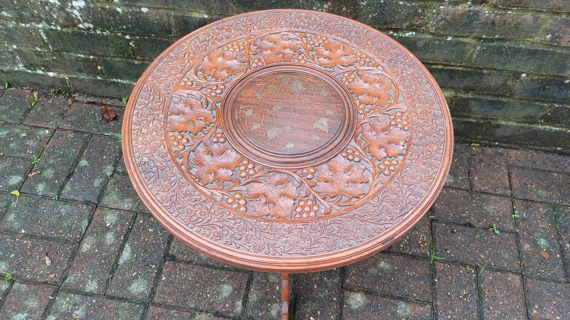 Superb Mid-Eastern Carved Coffee Occasional Table Brass Inlay Grape Decoration.