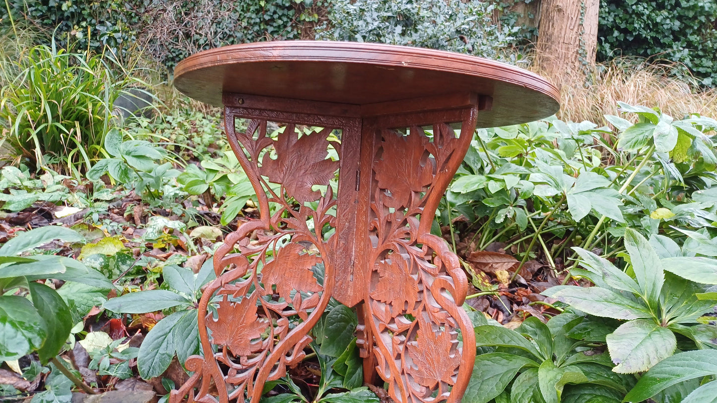 Superb Mid-Eastern Carved Coffee Occasional Table Brass Inlay Grape Decoration.