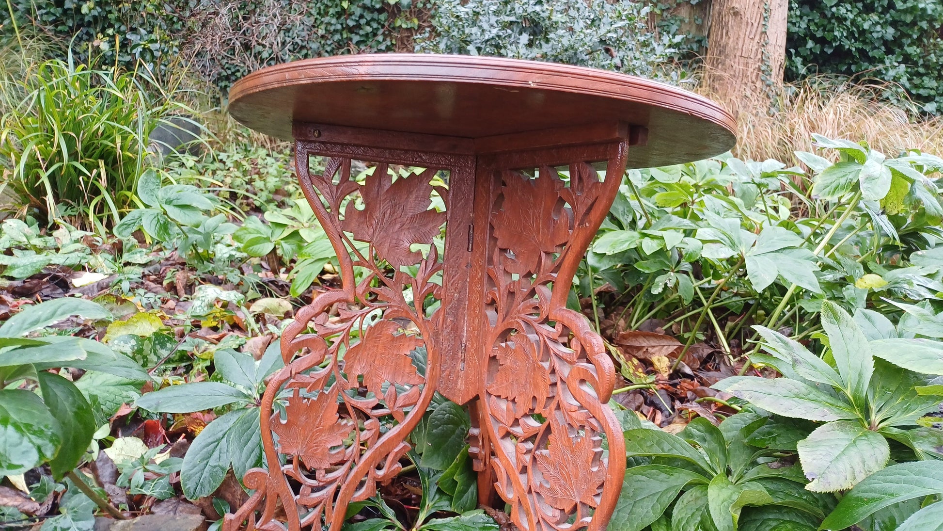 Superb Mid-Eastern Carved Coffee Occasional Table Brass Inlay Grape Decoration.
