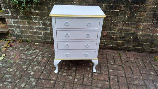 Vintage Painted Bedside or Occasional Chest of Drawers Table in Farrow and Ball White Gold Highlights.