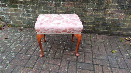 Vintage Upholstered Dressing Table or Piano Stoll Upholstered in Pink Fabric Cabriole Legs.
