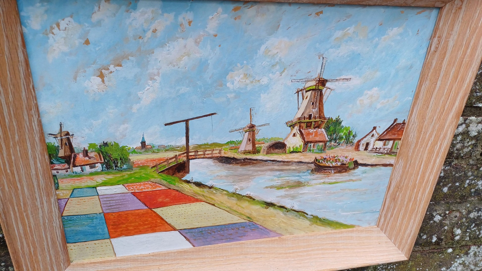 Bright and Cheerful Tulip Fields and Windmills - vintage original oil painting in a light wood frame 37cm x 48cm